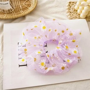 Scrunchie gumka do włosów tiulowa stokrotki fiolet